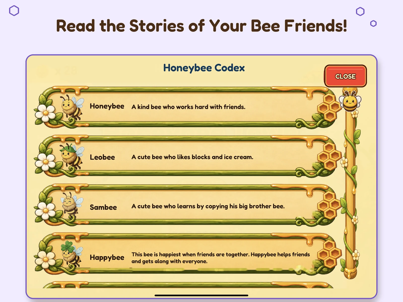 The Bee Codex showing discovered honeybee friends and their stories