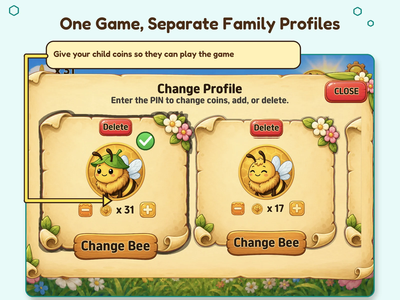 Honeybee Town family profiles and parent-managed Bee Coins