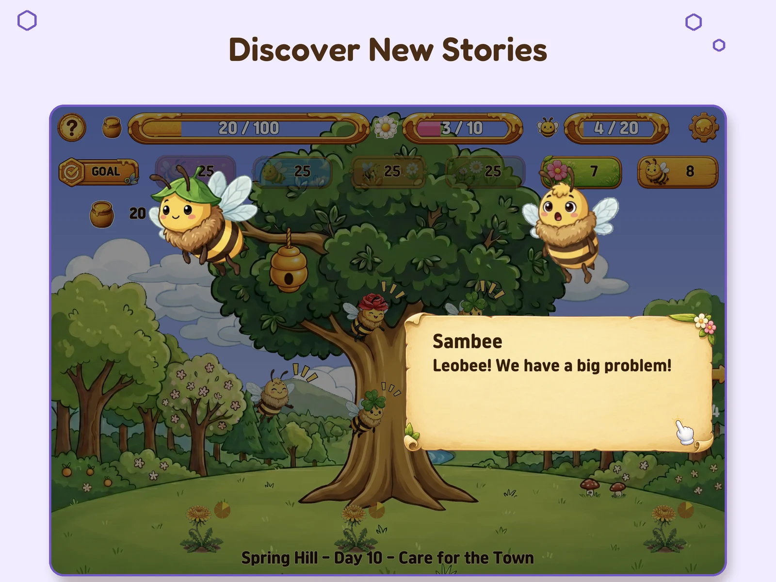 A Honeybee Town story scene with bee characters and readable dialogue